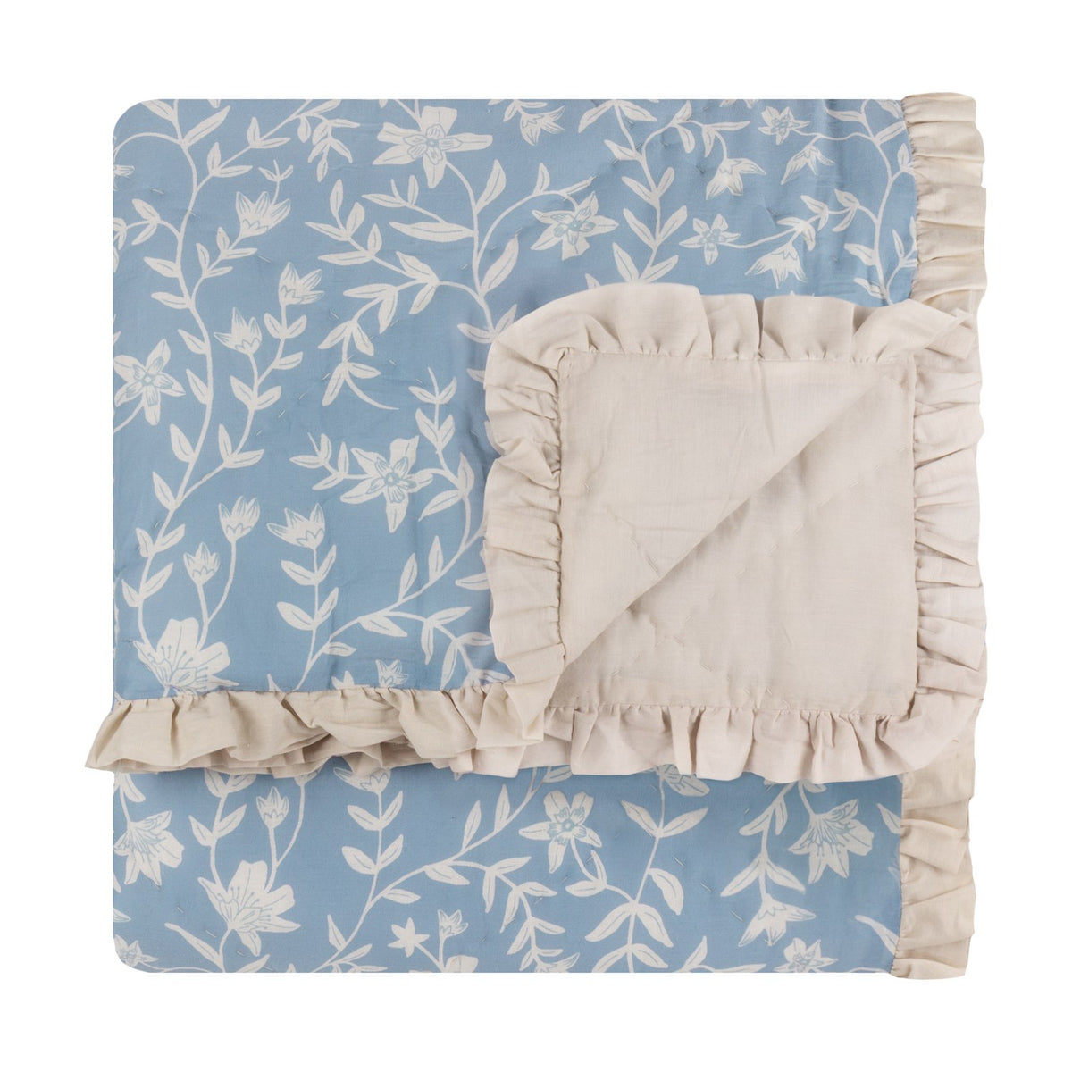 Amelia Ditsy Cotton Bedspread in Delph Blue, folded to show floral quilted front and plain cream reverse with gathered frill trim, on a white background.
