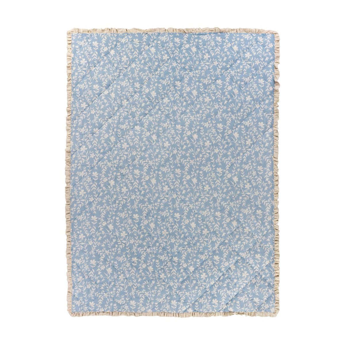 Amelia Ditsy Cotton Bedspread in Delph Blue, quilted throw with white ditsy floral print and cream gathered frill trim, shown on a plain white background.