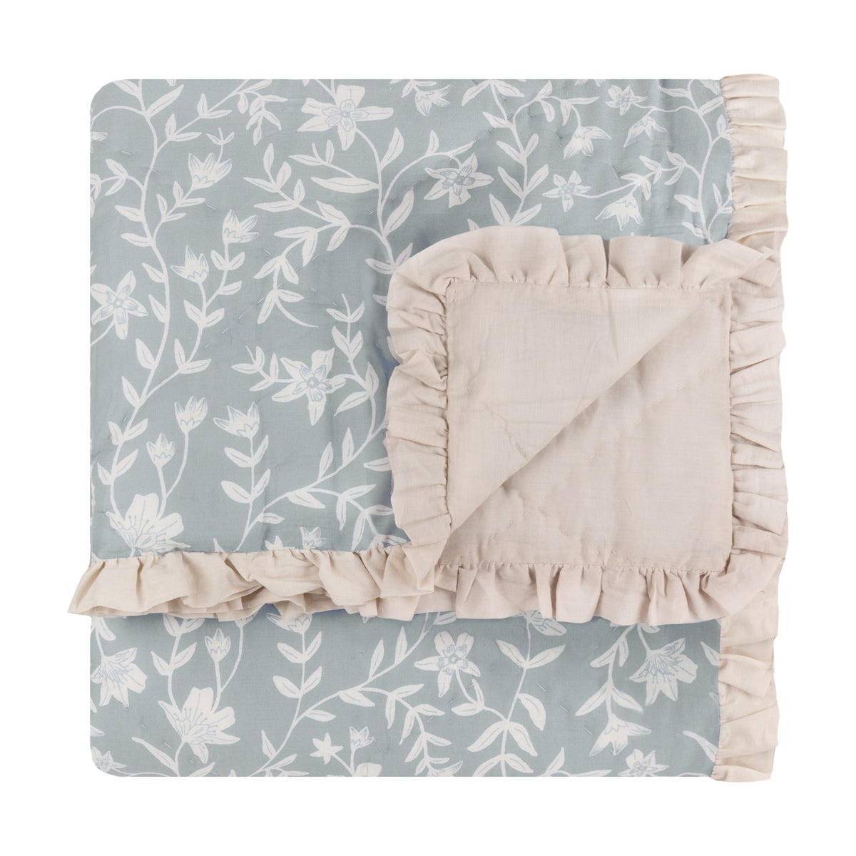 Amelia Ditsy Cotton Bedspread in seafoam, diamond-quilted cotton throw with small floral print and ruffled beige trim, folded on a white background.