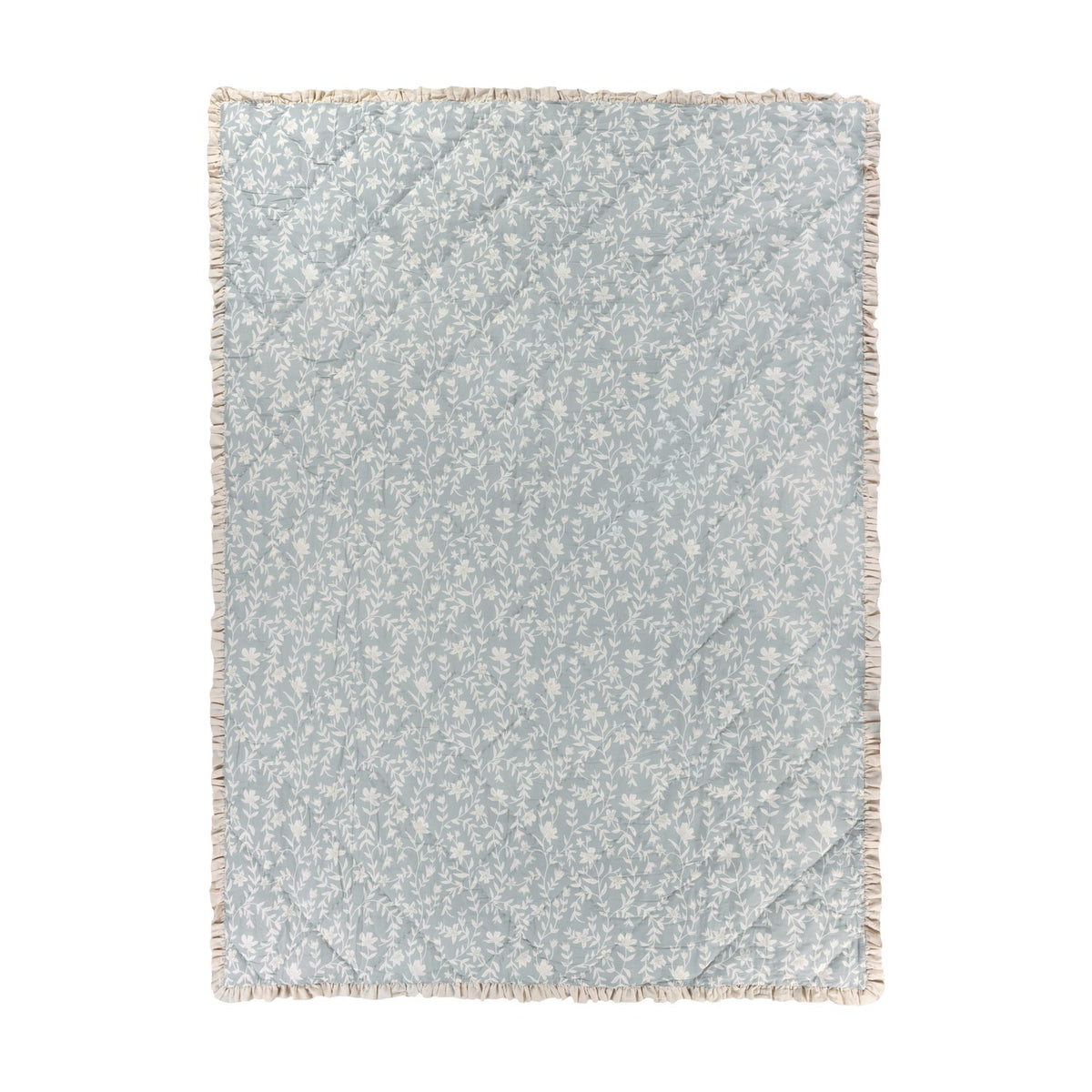 Amelia Ditsy Cotton Bedspread in seafoam, diamond-quilted throw-over with small floral print and neutral fringed edging, shown flat on a white background.
