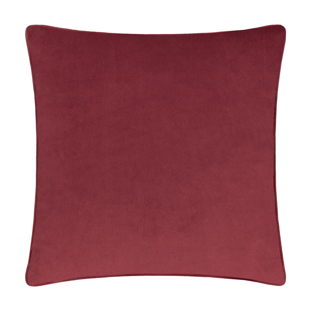 Square red velvet cushion, Amor Eterno, plain reverse side with piped edge trim, shown on a white background.