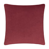 Square red velvet cushion, Amor Eterno, plain reverse side with piped edge trim, shown on a white background.