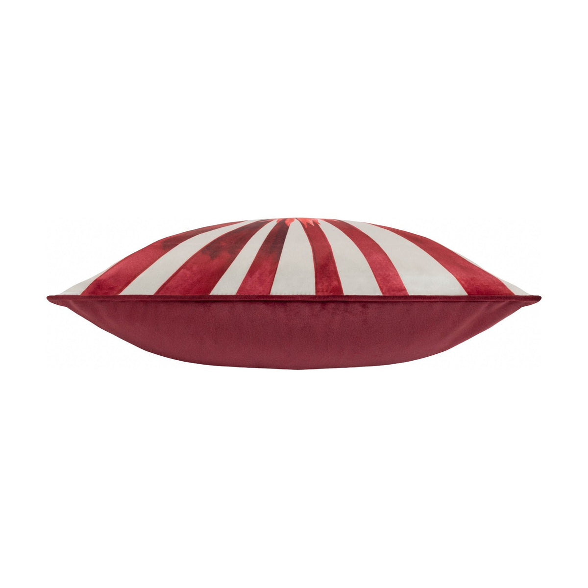 Side view of the Amor Eterno Abstract Velvet Cushion in red, showing red and white radiating stripe pattern, piped edge trim, and solid red velvet back on a white background.