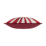 Side view of the Amor Eterno Abstract Velvet Cushion in red, showing red and white radiating stripe pattern, piped edge trim, and solid red velvet back on a white background.