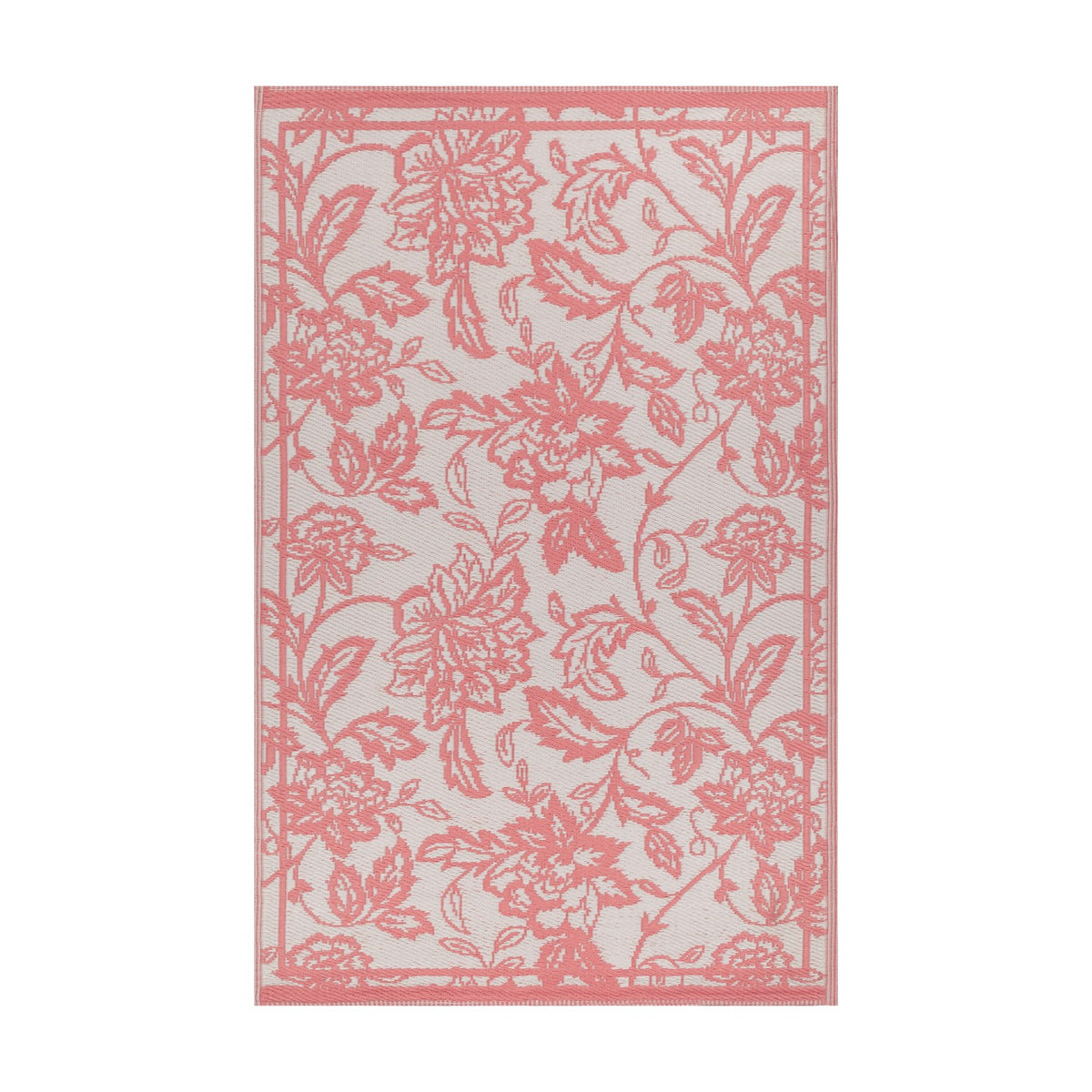 Anemone Jacquard Floral Rug in coral pink on an off-white ground, rectangular with a bordered scrolling floral pattern, shown flat on a plain white background.
