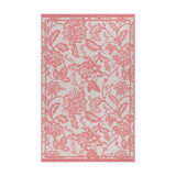 Anemone Jacquard Floral Rug in coral pink on an off-white ground, rectangular with a bordered scrolling floral pattern, shown flat on a plain white background.