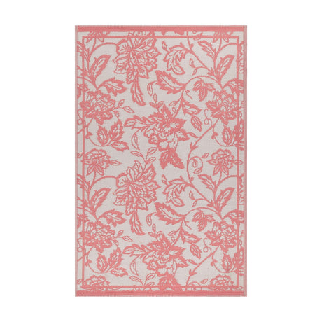 Anemone Jacquard Floral Rug in coral pink on an off-white ground, rectangular with a bordered scrolling floral pattern, shown flat on a plain white background.