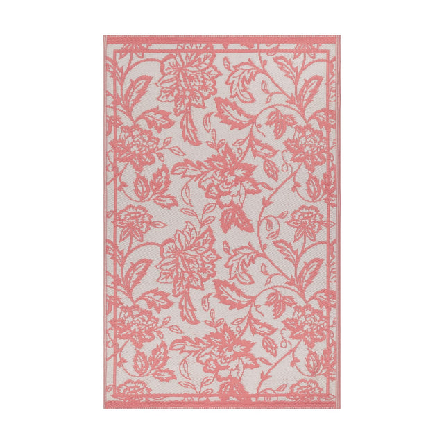 Anemone Jacquard Floral Rug in coral pink on an off-white ground, rectangular with a bordered scrolling floral pattern, shown flat on a plain white background.