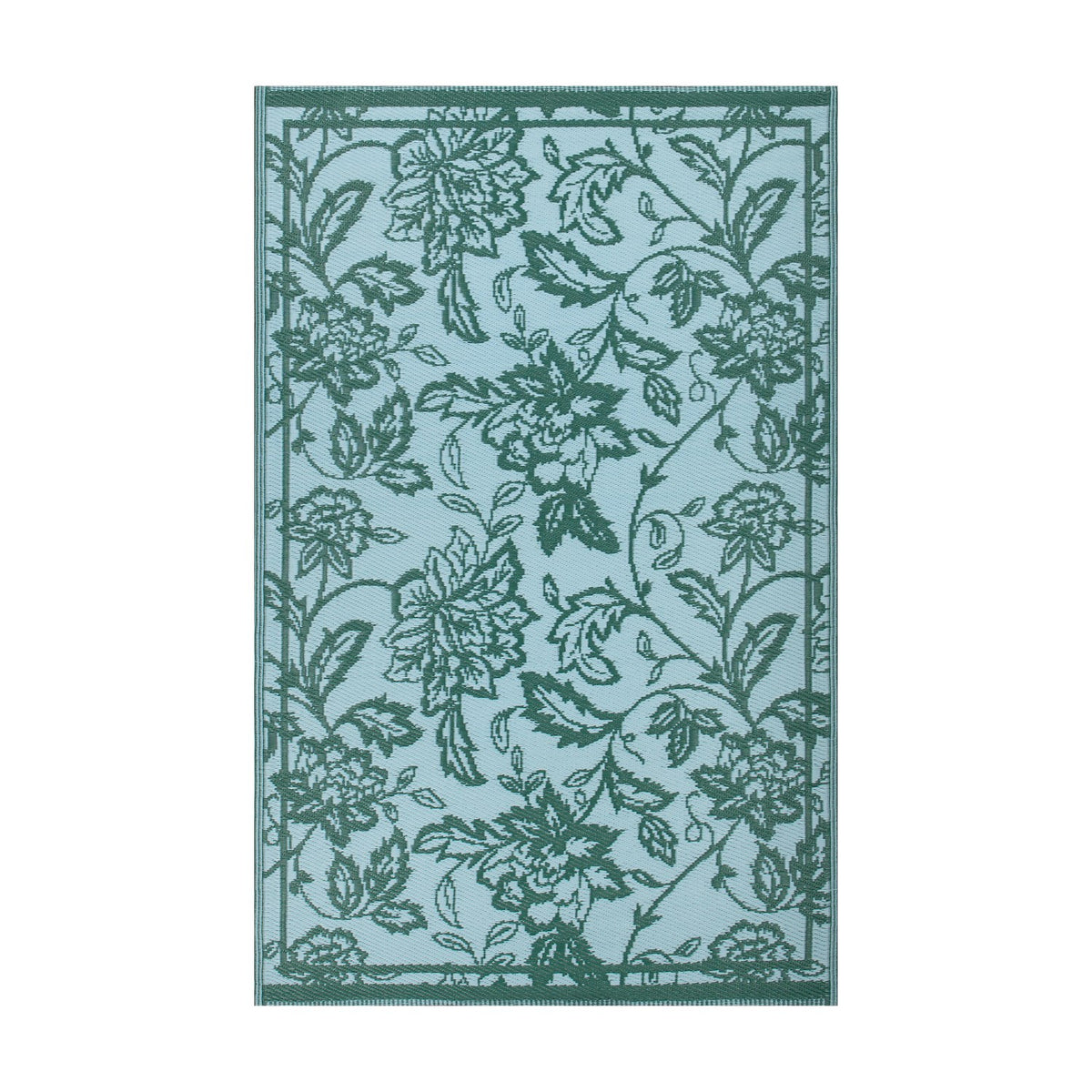 Anemone Jacquard Floral Rug in teal/mineral blue, rectangular with a woven Jacobean-style floral pattern and plain border, shown on a plain white background.