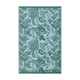 Anemone Jacquard Floral Rug in teal/mineral blue, rectangular with a woven Jacobean-style floral pattern and plain border, shown on a plain white background.