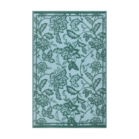 Anemone Jacquard Floral Rug in teal/mineral blue, rectangular with a woven Jacobean-style floral pattern and plain border, shown on a plain white background.