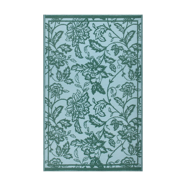 Anemone Jacquard Floral Rug in teal/mineral blue, rectangular with a woven Jacobean-style floral pattern and plain border, shown on a plain white background.