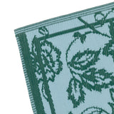 Close-up corner of the Anemone Jacquard Floral Rug in teal/mineral, showing a woven Jacobean-style floral pattern in deep teal-green on a mineral-blue polypropylene ground with a plain border.