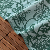 Anemone Jacquard Floral Rug in teal and mineral-blue, folded corner showing woven floral pattern and stitched edge, draped over a wooden deck.