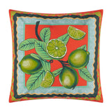 Anemone Reversible Polyester Cushion in Multi, 45 x 45cm, featuring limes on a leafy branch against a coral-red ground with a scalloped teal, peach and gold border.