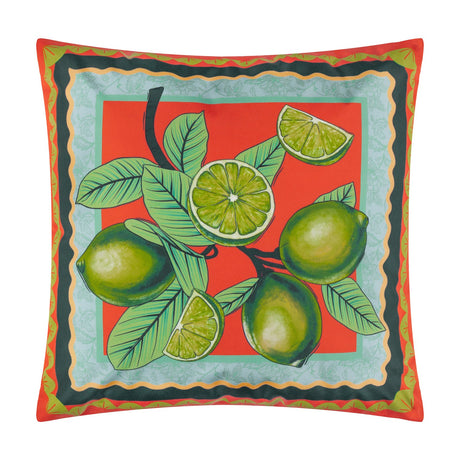 Anemone Reversible Polyester Cushion in Multi, 45 x 45cm, featuring limes on a leafy branch against a coral-red ground with a scalloped teal, peach and gold border.