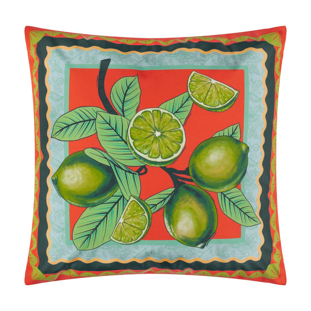 Anemone Reversible Polyester Cushion in Multi, 45 x 45cm, featuring limes on a leafy branch against a coral-red ground with a scalloped teal, peach and gold border.