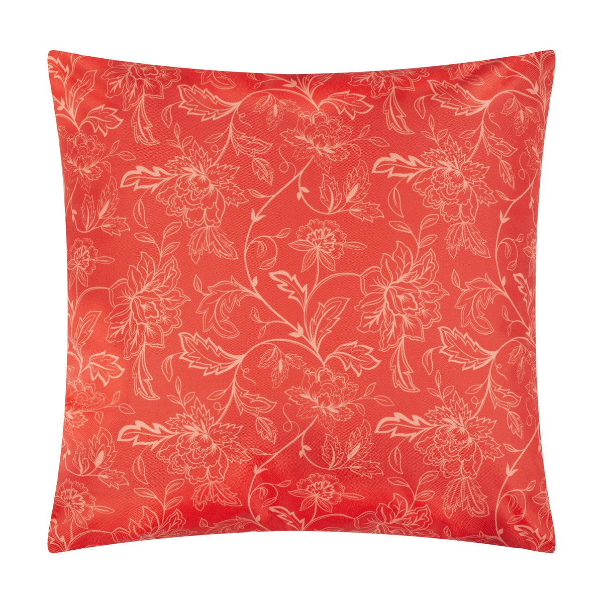 Anemone Reversible Polyester Cushion in coral-red, showing the tonal floral reverse side with fine line-drawn scrolling blooms and leaves, on a plain white background.