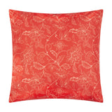 Anemone Reversible Polyester Cushion in coral-red, showing the tonal floral reverse side with fine line-drawn scrolling blooms and leaves, on a plain white background.
