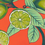 Anemone Reversible Polyester Cushion in Multi, close-up of the printed lime and leafy branch design on a coral-red ground, part of the 45 x 45cm outdoor cushion.