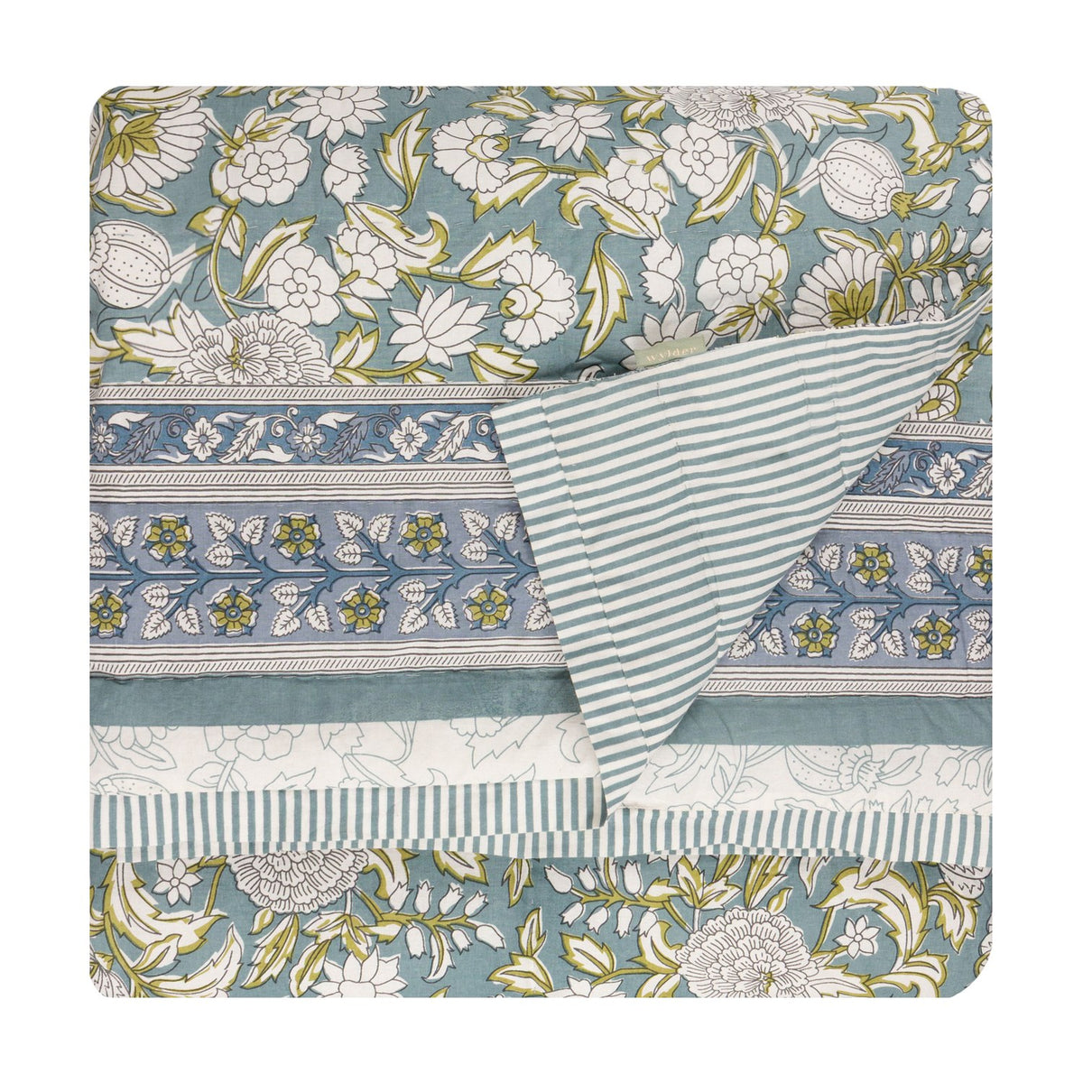 Annabelle Reversible Cotton Bedspread in blue, showing a scrolling floral design with patterned border on one side and a matching striped reverse, folded on a white background.