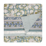 Annabelle Reversible Cotton Bedspread in blue, showing a scrolling floral design with patterned border on one side and a matching striped reverse, folded on a white background.