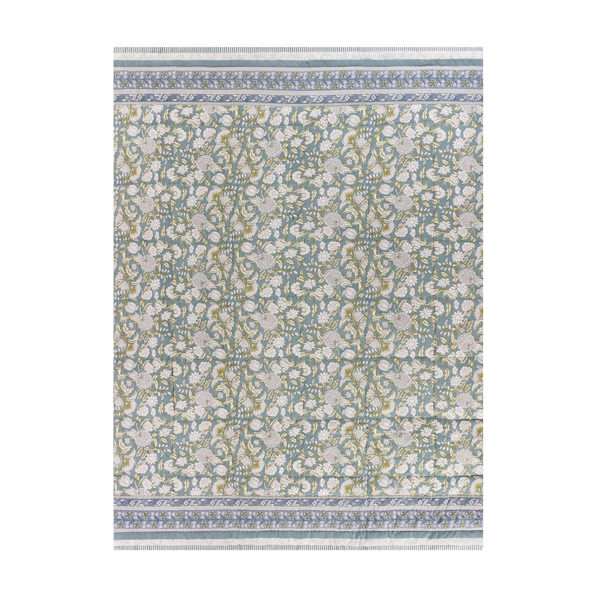 Annabelle reversible cotton bedspread in blue, showing a scrolling floral pattern in blue-green and teal tones with a coordinating striped border, on a plain white background.