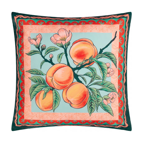 Anemone Reversible Polyester Cushion, 45x45cm square, peach branch and pink blossom design on duck-egg ground with coral and green scalloped border, on a white background.