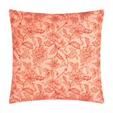 Square 45x45cm Anemone reversible polyester cushion showing tonal coral and red Jacobean-inspired floral print on a peach ground, plain white background.