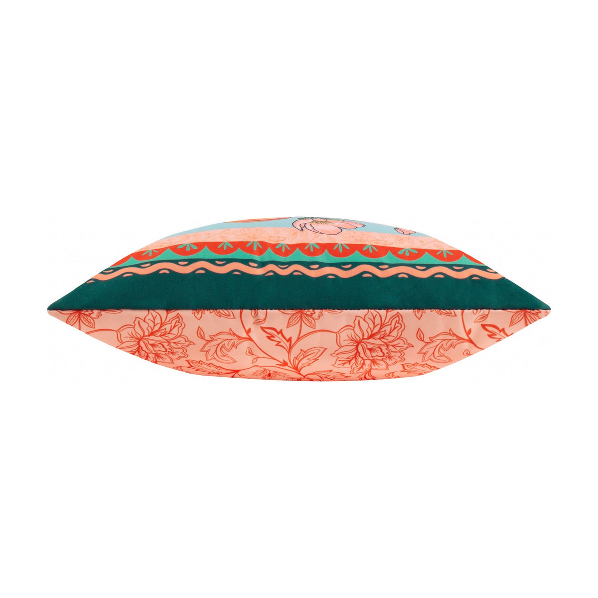Side view of the Anemone Reversible Polyester Cushion in multi, showing scalloped coral and teal border on one face and tonal coral floral print on the reverse, against a plain white background.