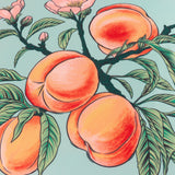 Anemone Reversible Polyester Cushion in Multi, close-up of peach and pink blossom branch print on duck-egg ground, 45 x 45cm outdoor cushion.