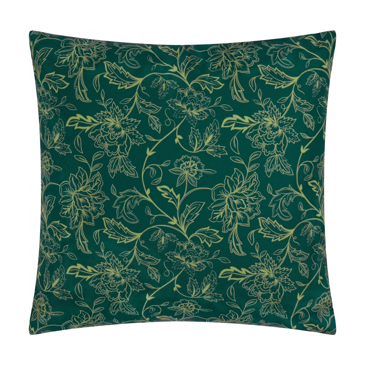 Anemone Reversible Polyester Cushion in square shape showing the deep green reverse side with a lighter green outlined floral and leaf vine pattern, photographed on a plain white background.