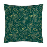 Anemone Reversible Polyester Cushion in square shape showing the deep green reverse side with a lighter green outlined floral and leaf vine pattern, photographed on a plain white background.