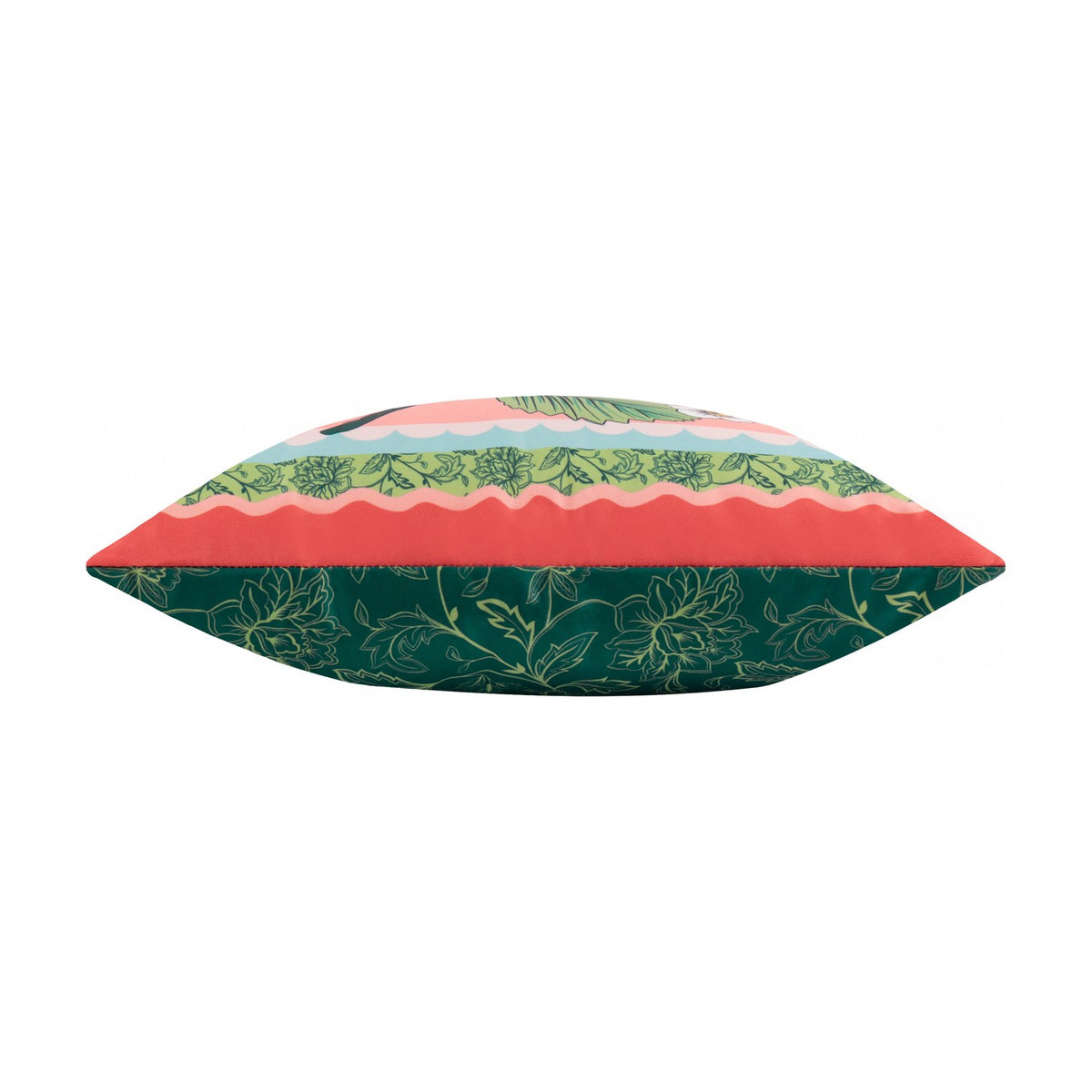 Side view of the Anemone Reversible Polyester Cushion showing coral, green and pink striped edging above a dark green floral reverse, on a plain white background.