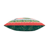 Side view of the Anemone Reversible Polyester Cushion showing coral, green and pink striped edging above a dark green floral reverse, on a plain white background.