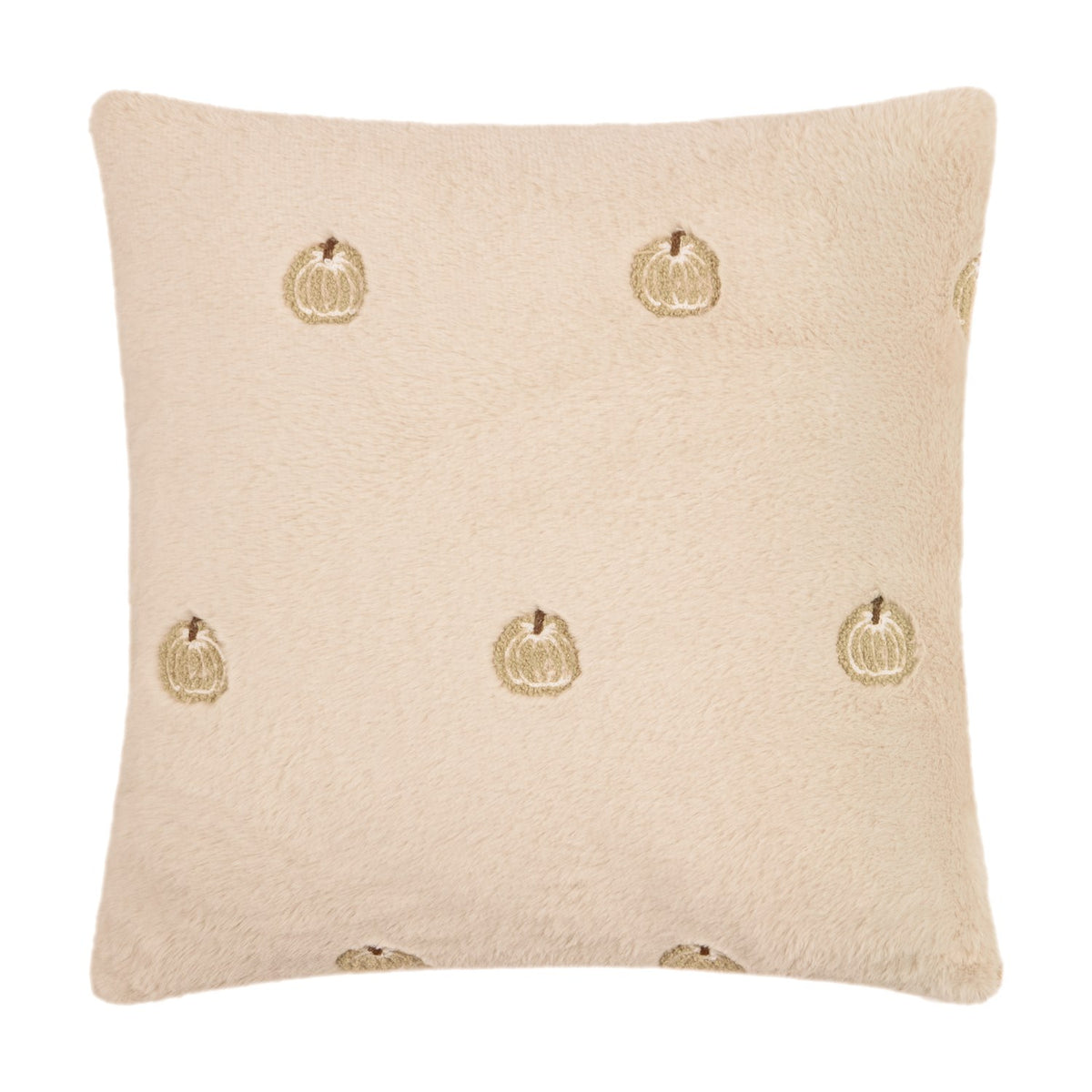Square natural cream faux fur cushion, 45x45cm, with small embroidered gold and tan pumpkin motifs scattered across the dense pile, shown on a plain white background.