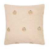 Square natural cream faux fur cushion, 45x45cm, with small embroidered gold and tan pumpkin motifs scattered across the dense pile, shown on a plain white background.