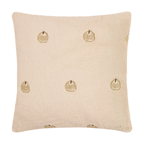 Square natural cream faux fur cushion, 45x45cm, with small embroidered gold and tan pumpkin motifs scattered across the dense pile, shown on a plain white background.