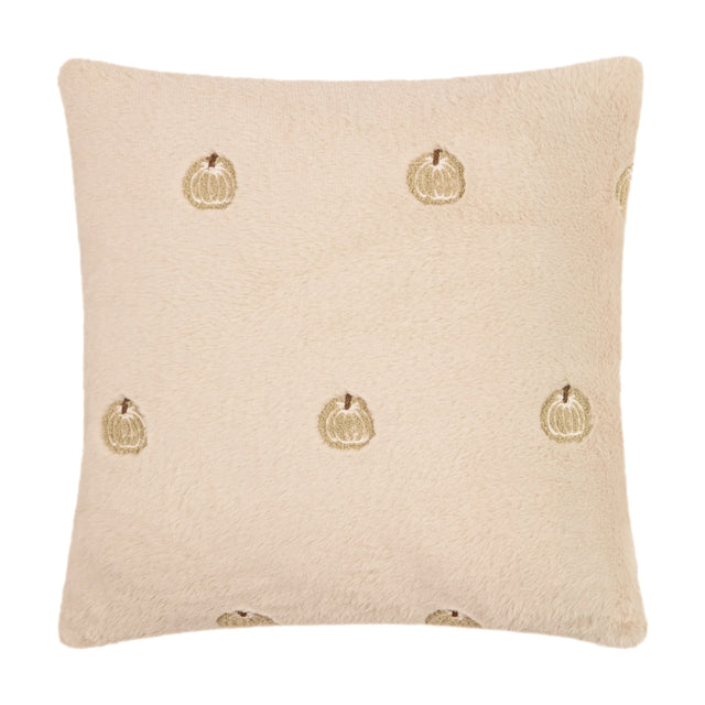 Square natural cream faux fur cushion, 45x45cm, with small embroidered gold and tan pumpkin motifs scattered across the dense pile, shown on a plain white background.