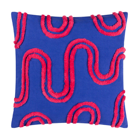 Archie Abstract Cotton Blend Cushion in cobalt blue with a hand-tufted pink abstract line design in raised pile, square 45 x 45cm cover, shown on a plain white background.