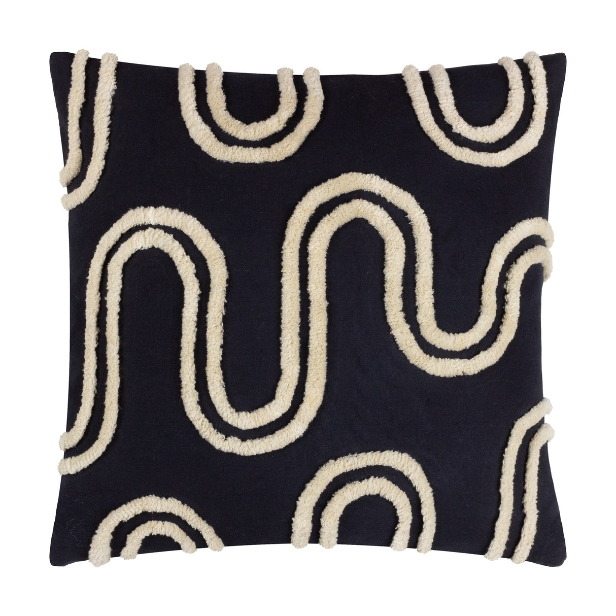 Archie Abstract Cotton Blend Cushion in Mono, a 45x45cm square cushion with tufted off-white swirl and arc patterns on a deep black cotton blend cover, shown on a plain white background.