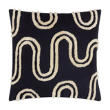 Archie Abstract Cotton Blend Cushion in Mono, a 45x45cm square cushion with tufted off-white swirl and arc patterns on a deep black cotton blend cover, shown on a plain white background.