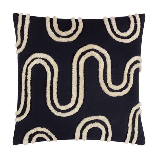 Archie Abstract Cotton Blend Cushion in Mono, a 45x45cm square cushion with tufted off-white swirl and arc patterns on a deep black cotton blend cover, shown on a plain white background.