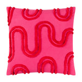 Archie Abstract Cotton Blend Cushion in pink, 45x45cm square with tufted red abstract wave and arch pattern raised across the front, shown on a white background.