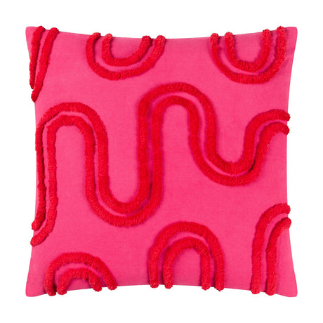Archie Abstract Cotton Blend Cushion in pink, 45x45cm square with tufted red abstract wave and arch pattern raised across the front, shown on a white background.