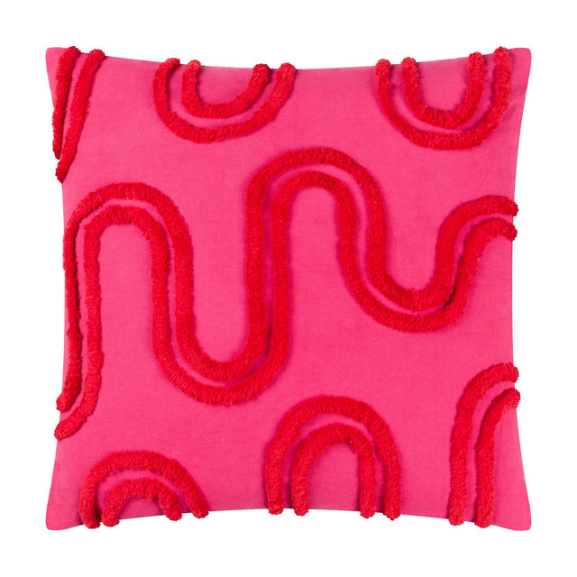 Archie Abstract Cotton Blend Cushion in pink, 45x45cm square with tufted red abstract wave and arch pattern raised across the front, shown on a white background.