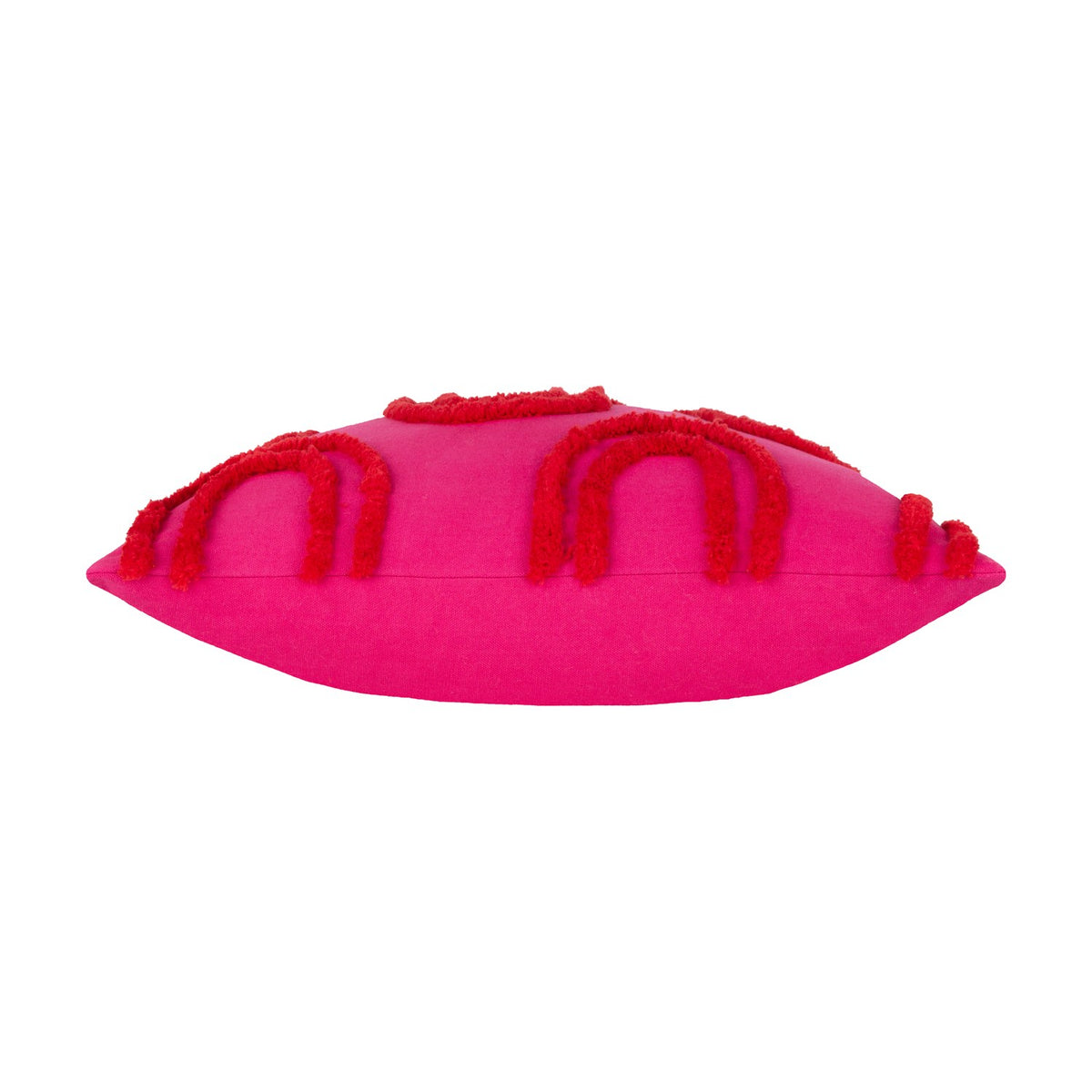 Archie Abstract Cotton Blend Cushion in pink, shown side-on, with tufted red arch and loop designs raised across the fabric surface, on a plain white background.