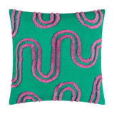 Archie Abstract Cotton Blend Cushion in turquoise green with a hand-tufted pink abstract line pattern, square shape, shown on a plain white background.
