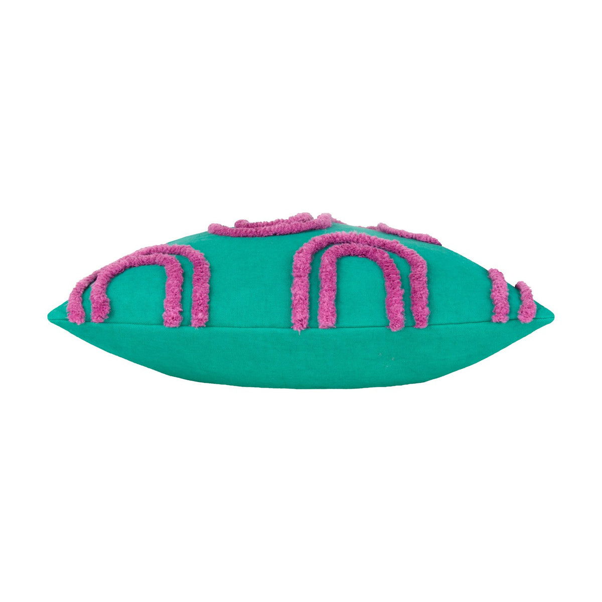 Archie Abstract Cotton Blend Cushion in turquoise, shown side-on with raised pink tufted arch loops on a plain white background.