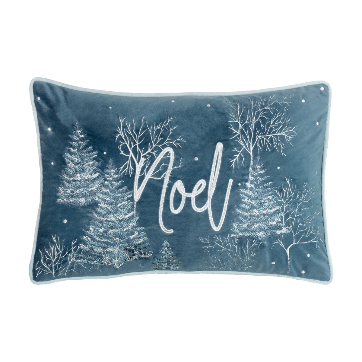 Rectangular blue velvet cushion from the Arcticus range, embroidered with a woodland scene of frosted trees, bare branches, and Noel in flowing script, with pale duck-egg piping.